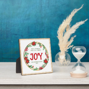 Joy Red Green Gold Poinsettia Wreath Christmas Plaque