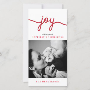 Joy Red Modern Script Carte photo de Noël