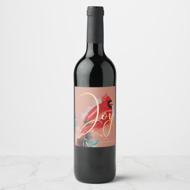 Joy Red Perched Cardinal Watercolor Christmas Bird Wine Label (Front)