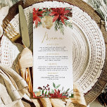 JOY Red Poinsettia and Pine Christmas Dinner Menu<br><div class="desc">This Christmas dinner menu card features watercolor poinsettia florals and faux gold foil flecks. Easily edit *most* wording to meet your event needs.</div>