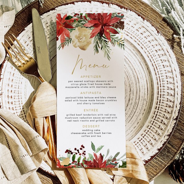 JOY Red Poinsettia and Pine Christmas Dinner Menu (Creator Uploaded)