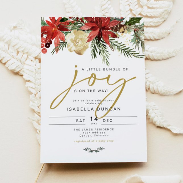 JOY Red Poinsettia Bundle of Joy Baby Shower Invitation (Creator Uploaded)