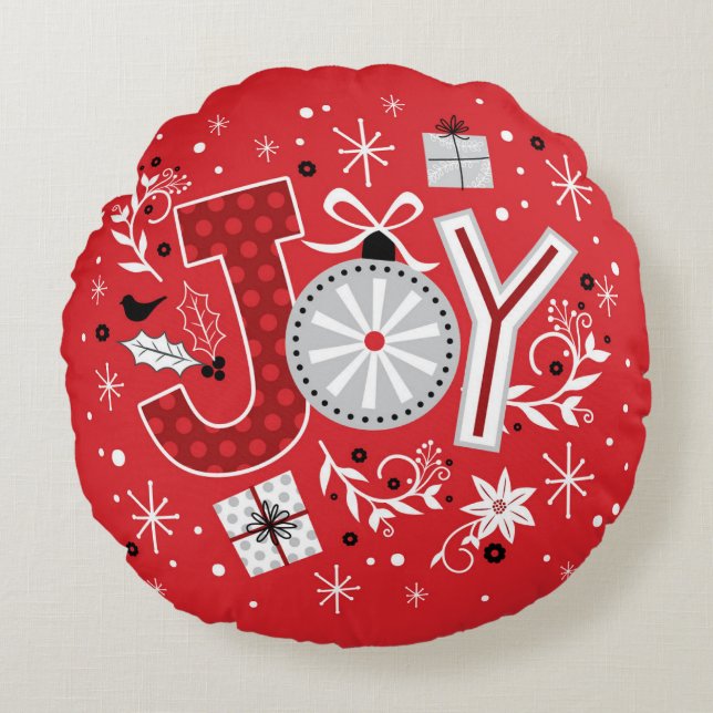 Joy Red Silver Christmas Ornaments Round Pillow (Front)