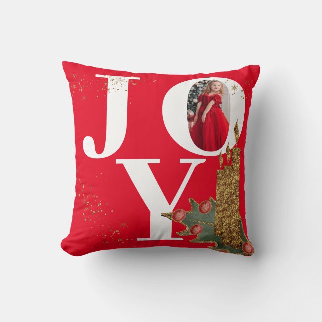 Joy Red Sparky Christmas Candles Photo Throw Pillow (Front)