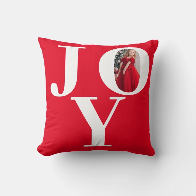 Joy Red White Christmas Photo Throw Pillow (Front)