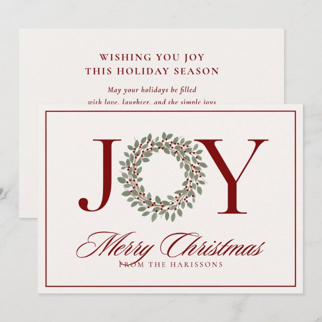 Joy red wreath non photo holiday christmas card (Front/Back)