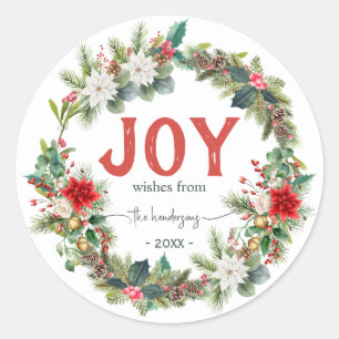 Joy Rustic Typography Name Christmas Wreath  Red  Classic Round Sticker