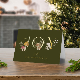 Joy Rustic Woodsy Watercolor Mushroom Christmas Foil Holiday Card