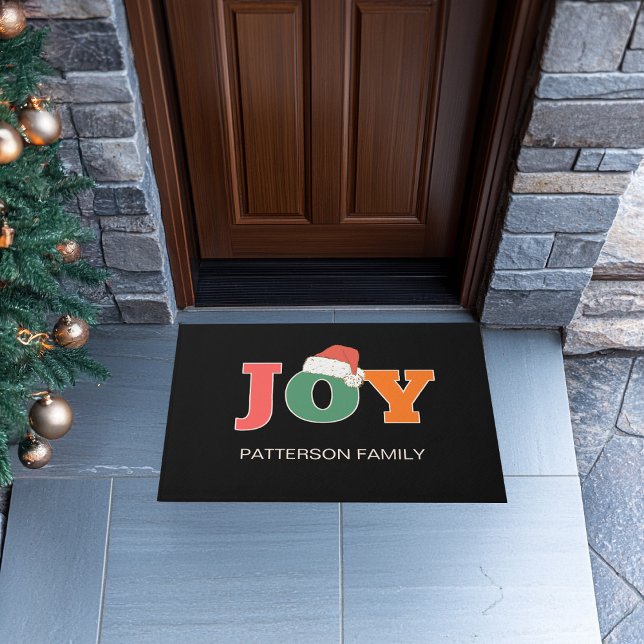JOY! Santa Hat Script Typography Custom Family Doormat (Creator Uploaded)