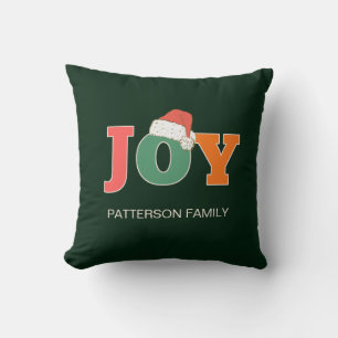 JOY! Santa Hat Script Typography Custom Family Throw Pillow