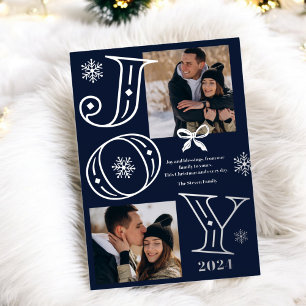 Joy script 2 photos snowflakes blue Christmas Foil Holiday Card