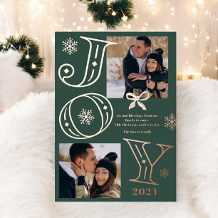 Joy script 2 photos snowflakes green Christmas Foil Holiday Card