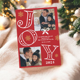 Joy script 2 photos snowflakes red gold Christmas Holiday Card