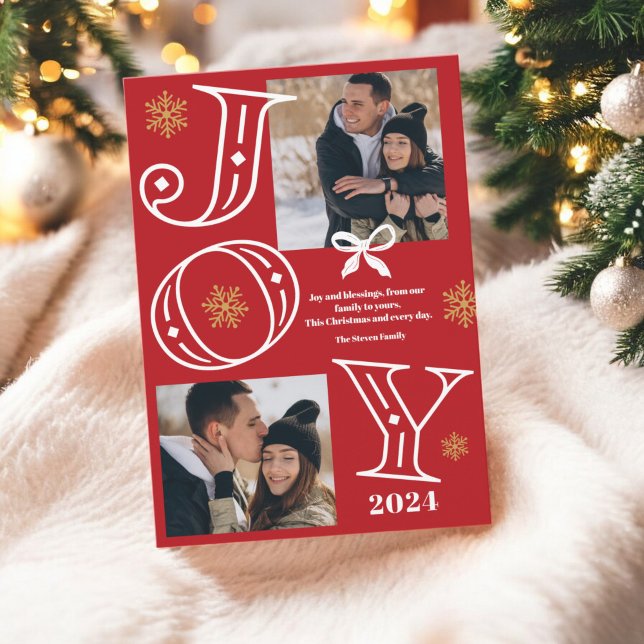 Joy script 2 photos snowflakes red gold Christmas Holiday Card (Joy script 2 photos snowflakes red gold Christmas Holiday Card)