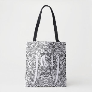 Joy Script Calligraphy Floral Black and White Tote Bag