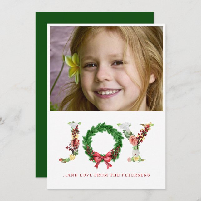 Joy script Christmas floral wreath custom photo Ho Holiday Card (Front/Back)