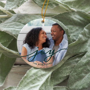 Joy Script Family Name Double Sided Photo Ceramic Ornament