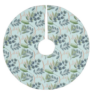 Joy Script Green Sage Floral Foliage Christmas Brushed Polyester Tree Skirt