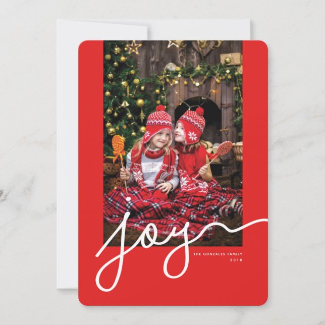 Joy Script Personalized Photo Red Holiday Card (Front)