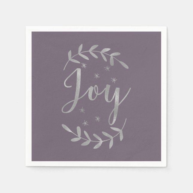 JOY Silver Blue Botanical Leaf Modern Holiday Napkin (Front)