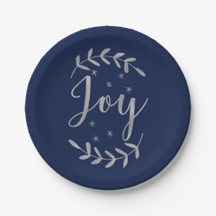 JOY Silver Blue Botanical Leaf Modern Holiday Paper Plate