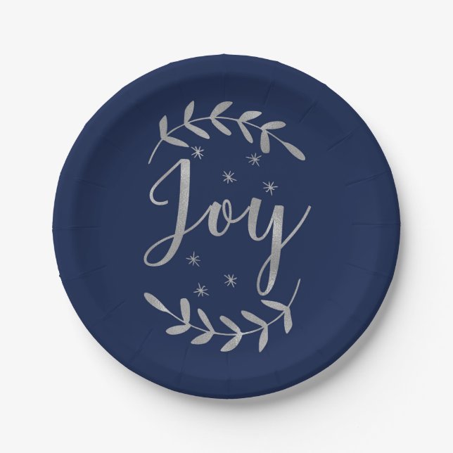 JOY Silver Blue Botanical Leaf Modern Holiday Paper Plate (Front)