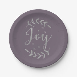 JOY Silver Botanical Leaf Modern Holiday ANY COLOR Paper Plate