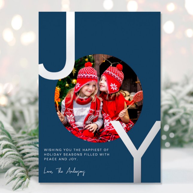 Joy Silver foil Blue elegant minimalist Christmas Holiday Card (Creator Uploaded)