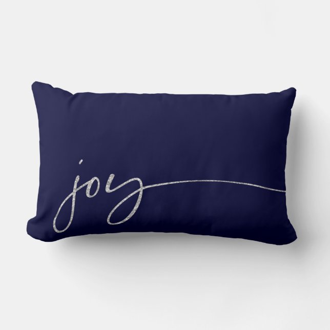 Joy Silver Navy Elegant Script Calligraphy Lumbar Pillow (Front)