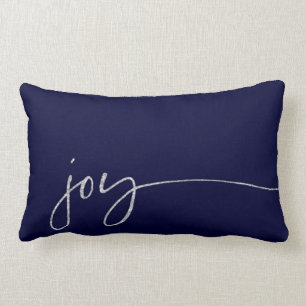 Joy Silver Navy Elegant Script Calligraphy Lumbar Pillow