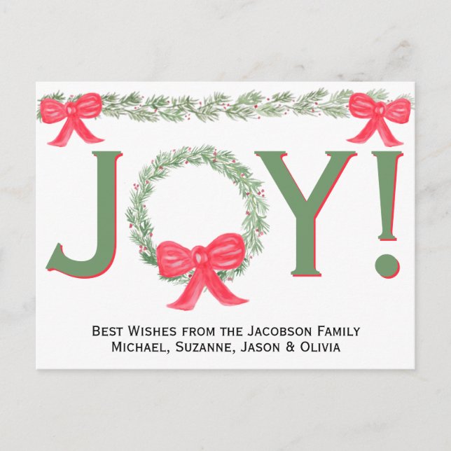 Joy! Simple Watercolor Wreath & Garland with Bows Holiday Postcard (Front)