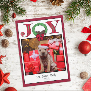 Joy Sleepy Puppy Wreath Festive Cute Simple Red Holiday Card