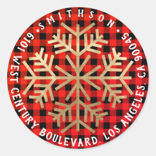 Joy Snow Christmas Return RSVP Buffalo Red Gold Classic Round Sticker