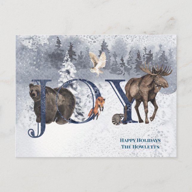 JOY Snow Wood Woodland Animals Holiday Postcard (Front)