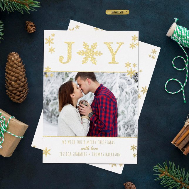 "Joy" Snowflakes Christmas Photo Real Foil Holiday Card (Creator Uploaded)