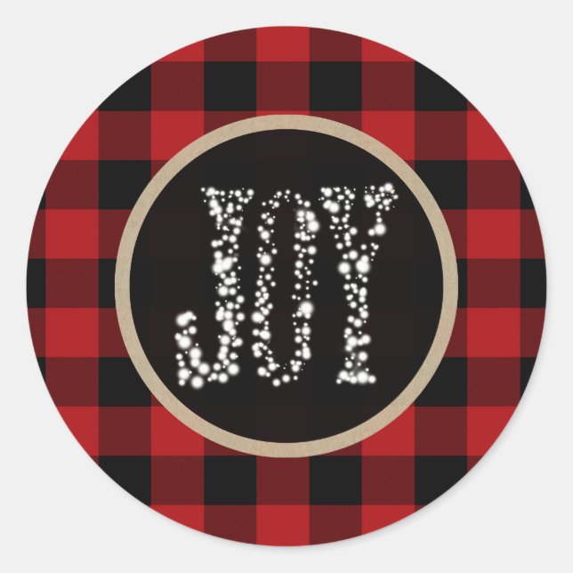 JOY Sparkling Lights Holiday Red Buffalo Plaid Classic Round Sticker (Front)
