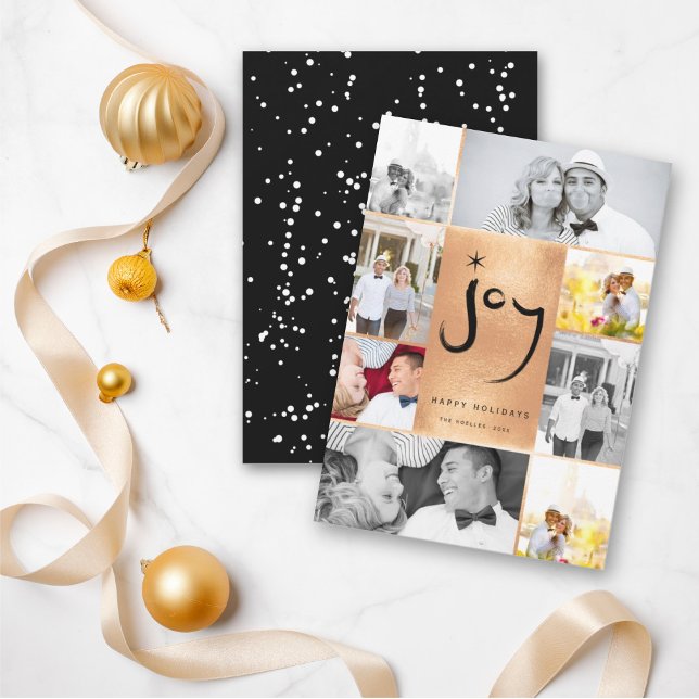 Joy & Star Brush Script Faux Foil Stylish 6 Photo Holiday Card (Creator Uploaded)