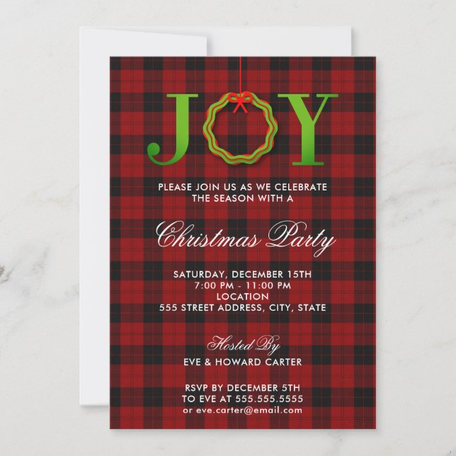 JOY Tartan Christmas Party Invitation (Front)