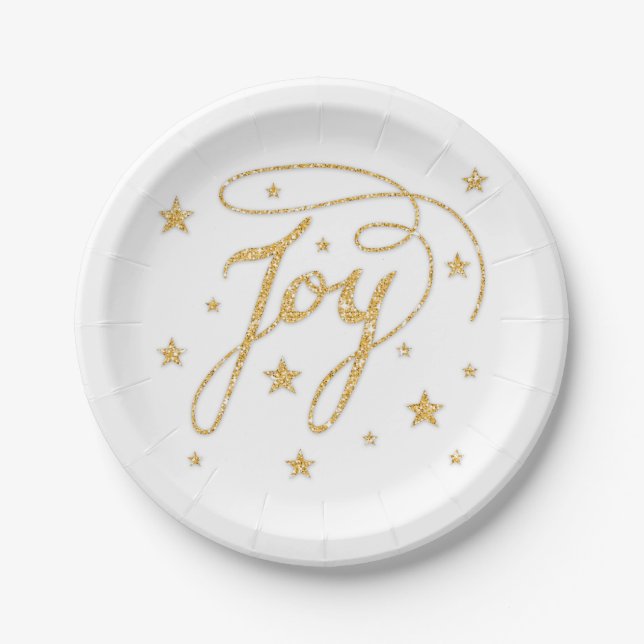 JOY Text Faux Gold Glitter Look With Stars Paper Plate (Front)