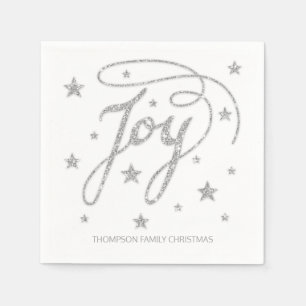 JOY Text Faux Silver Glitter Look & Custom Title Napkin