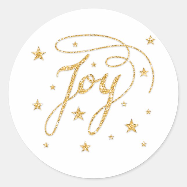 JOY Text In Faux Gold Glitter Look With Stars Classic Round Sticker (Front)