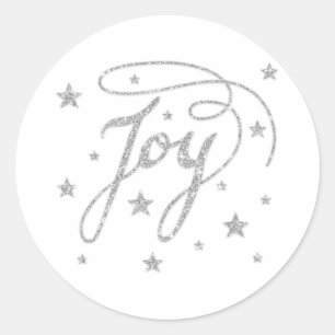 JOY Text In Faux Silver Glitter Look With Stars Classic Round Sticker