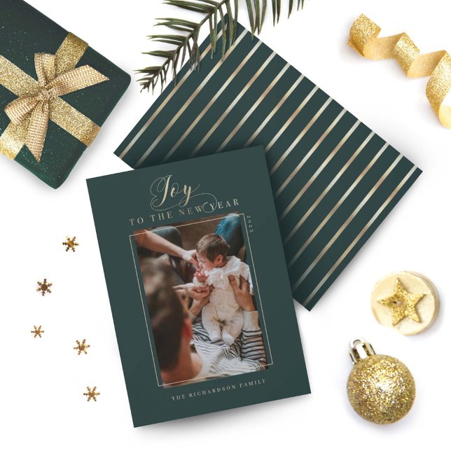 Joy to the New Year Elegant Script Photo & Stripes Holiday Card (Creator Uploaded)