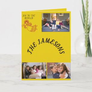 Joy To The World 3 Photos Yellow Background Holiday Card