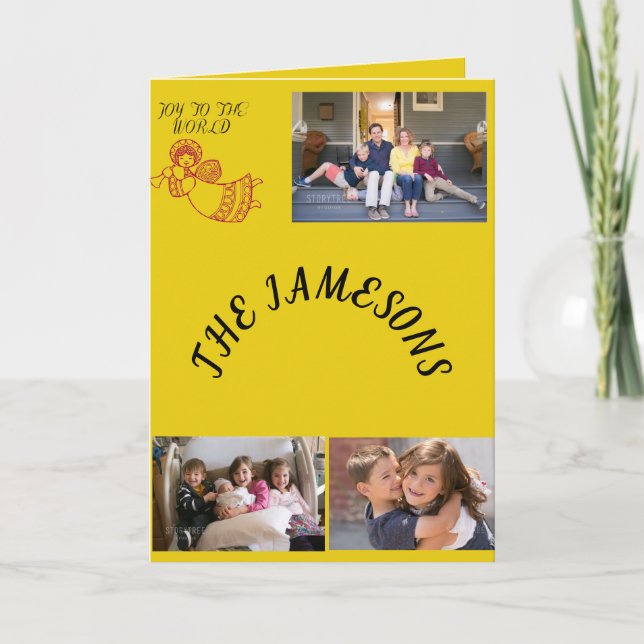 Joy To The World 3 Photos Yellow Background Holiday Card (Front)