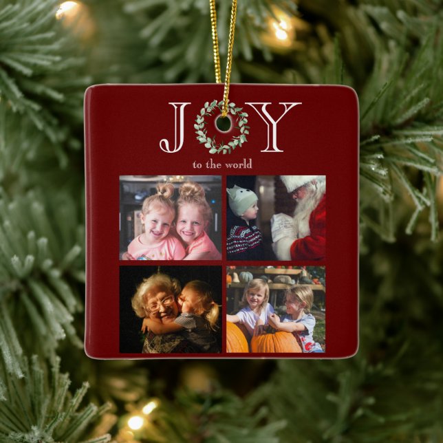 Joy to the World 4 Photos Personalized Red Ceramic Ornament (Tree)