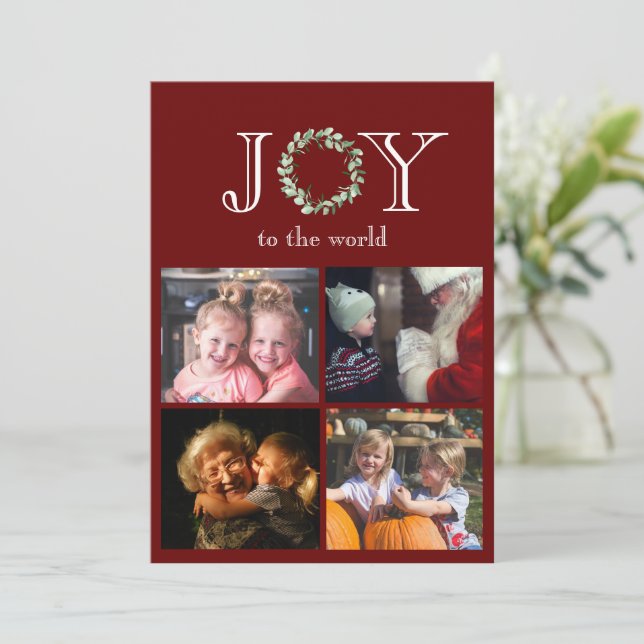 Joy to the World 4 Photos Personalized Red Holiday Card (Standing Front)