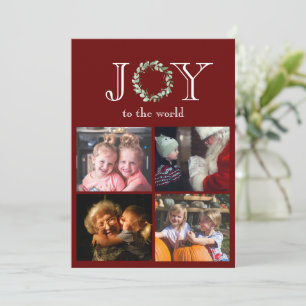 Joy to the World 4 Photos Personalized Red Holiday Card