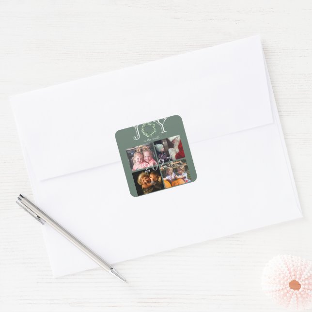 Joy to the World 4 Photos Year Personalized Square Sticker (Envelope)