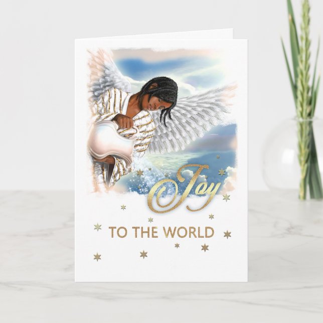 Joy to the World. African American Angel Holiday Card (Front)